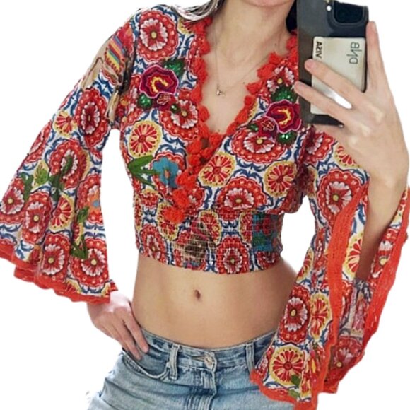 NWT Antica Sartoria Embroidered Tassel Crop Top Multicolor Boho One Size - Picture 5 of 10